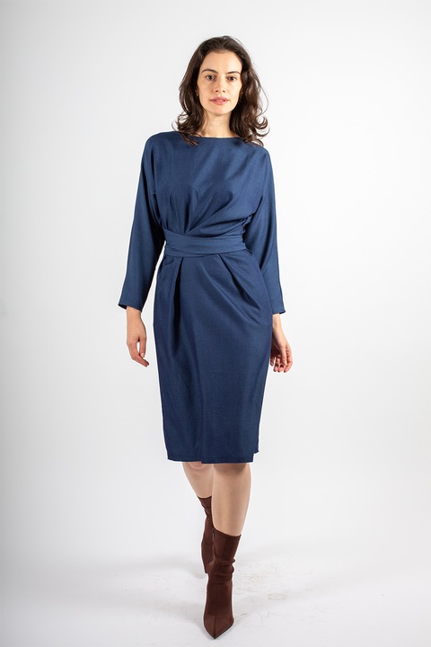 Couture de Marie, Rochie asimetrica cu pliuri Beatrice, Albastru inchis