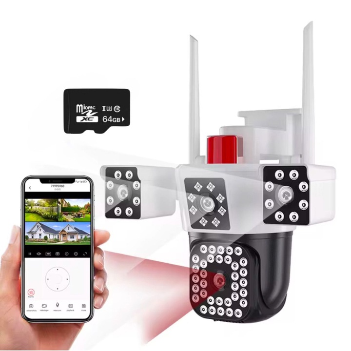 Камера за наблюдение Guardio 5 в 1, 4G и LAN порт, Full HD, на открито/вътре, двупосочно аудио, звукова аларма, сензор за движение, 360° ротация, инфрачервена и бяла светлина нощно виждане, 10x цифрово увеличение, IP66, 64 GB карта