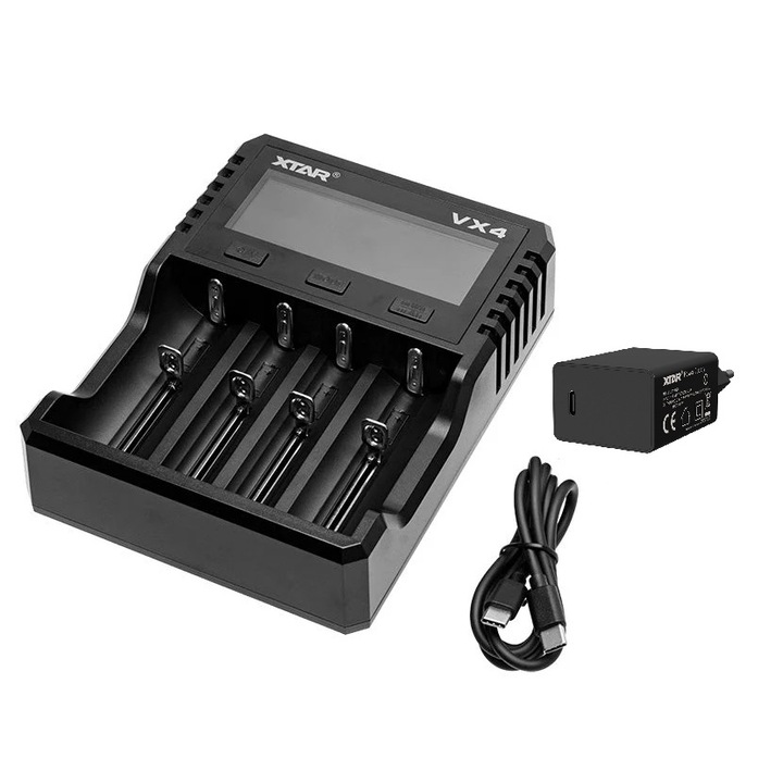 Univerzális töltőkészlet 4 foglalattal Xtar VX4, Li-Ion Ni-MH LiFePO4, teszter, 1.2V Ni-Mh, 1.5V/3.2V/3.6V(LiFePO4)/3.7V Li-Ion, XTAR PD20W adapterrel