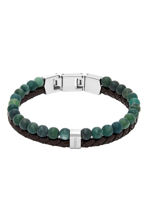 Fossil, Bratara cu piele si margele din agat, Verde, Argintiu