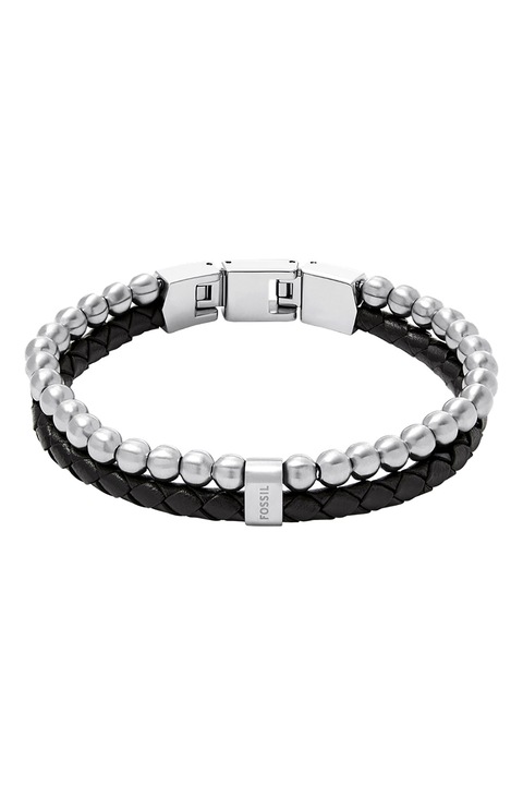 Fossil, Bratara din piele si otel inoxidabil cu margele, Negru, Argintiu