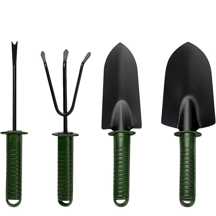 4 db-os kerti szerszám készlet, kis méretű, fémből, csúszásmentes fogantyúval, könnyen tárolható, fekete