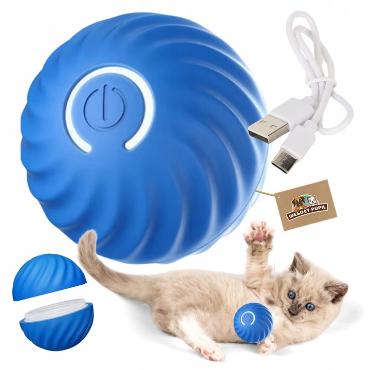 Interaktív állatos labda, LED-del, szilikon, kék, 52 mm