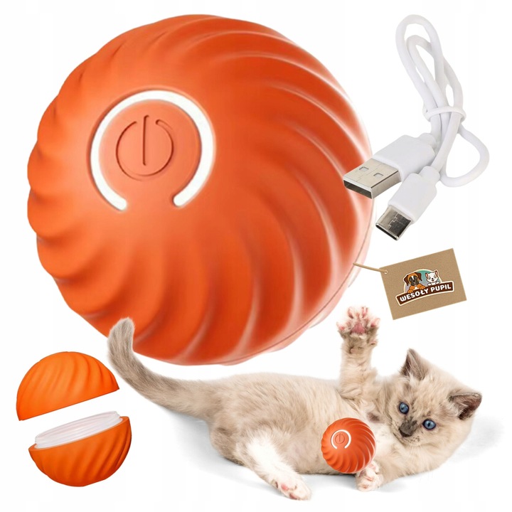 Interaktív macskalabda, ABS, USB töltés, 52 mm, Narancs