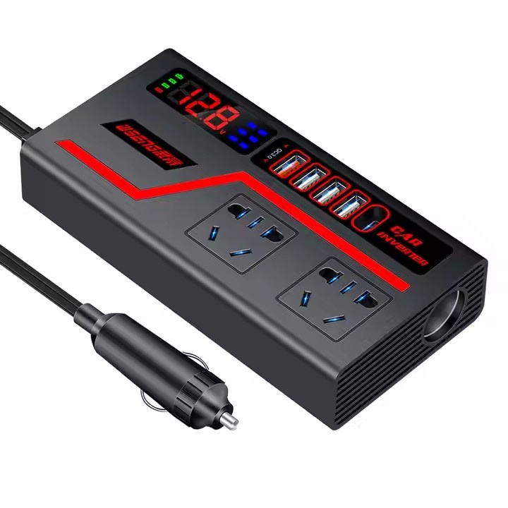 Автомобилен инвертор 12V/24V към 220V, 300W, 8 порта, 4xUSB, черен/розов