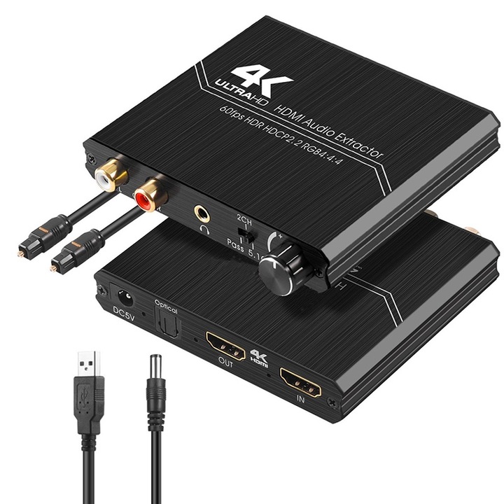 Extractor audio HDMI Rqiurpn, 4K HDMI la HDMI cu SPDIF optic + 3.5mm stereo + RCA L/R, control volum, Negru