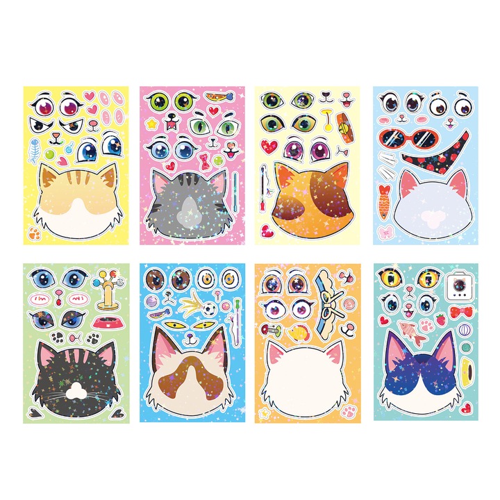 Feicaeesa Set 8 Stickere cu tematica de pisici desenate pentru puzzle, 8 Stiluri, Autocolant holografic, Multicolor, 18x12cm