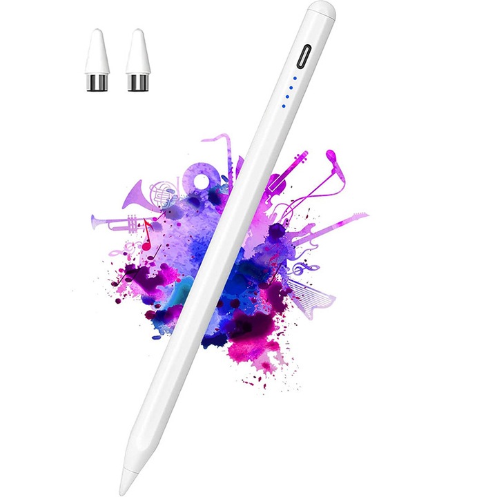 Stylus pentru ecran tactil, BOMSTOM, magnetic, pencil pentru tableta iPad Apple 2018-2025, USB-C, pix cu functie palm rejection, alb, 9x9x165mm