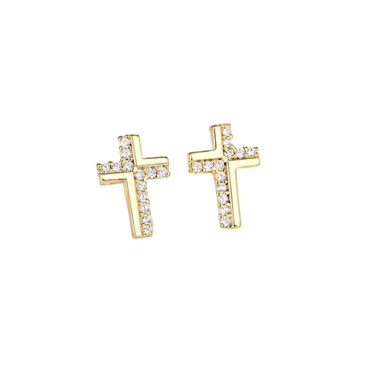 Fülbevaló cirkóniával, keresztben, Aranyozott, Hossz 12 mm, Szélesség 8 mm