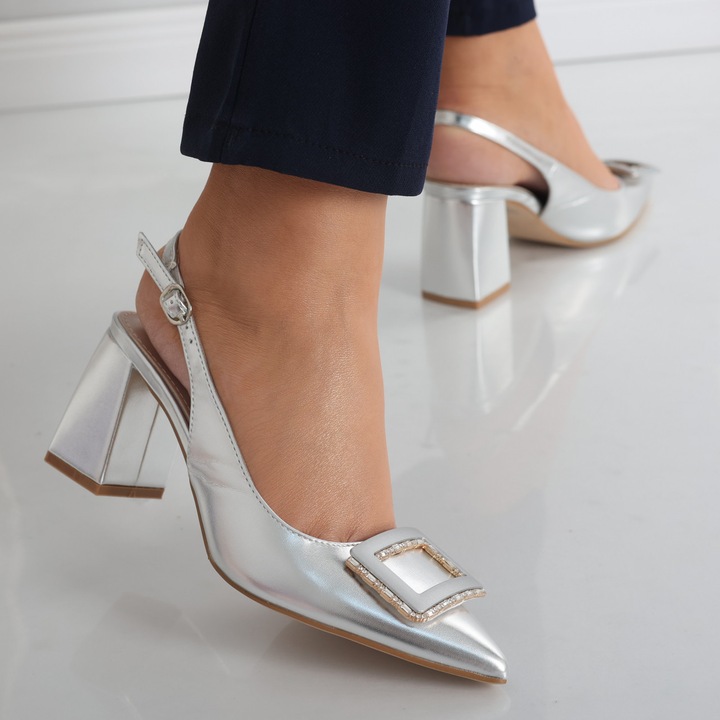 Pantofi dama cu toc Argintii din Piele Ecologica Naja, 35
