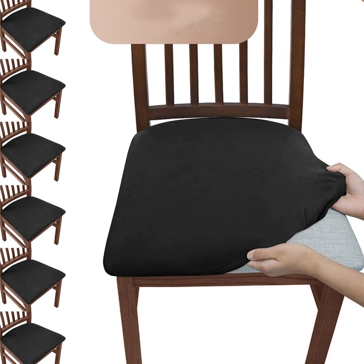 Set 6 Huse Scaun, SINBINTA, Huse pentru scaune elastice, Gros, Moale, Antirid, Rezistent la uzura si rezistent, Usor de curatat, Masina de spalat, Pentru bucatarie, sufragerie, hoteluri, restaurant, Poliester, Universala, Negru