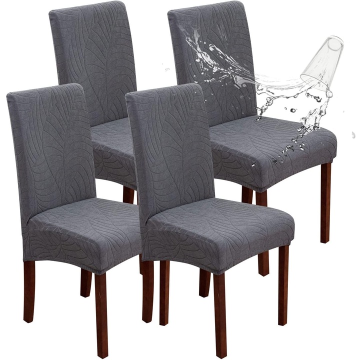 Set 4 Huse Scaun, SINBINTA, Huse pentru scaune elastice, Impermeabil, Fara decolorare, Fara minge, Moale si confortabil, Usor de curatat, Masina de spalat, Pentru bucatarie, sufragerie, hoteluri, restaurant, Poliester, Universala, Gri inchis