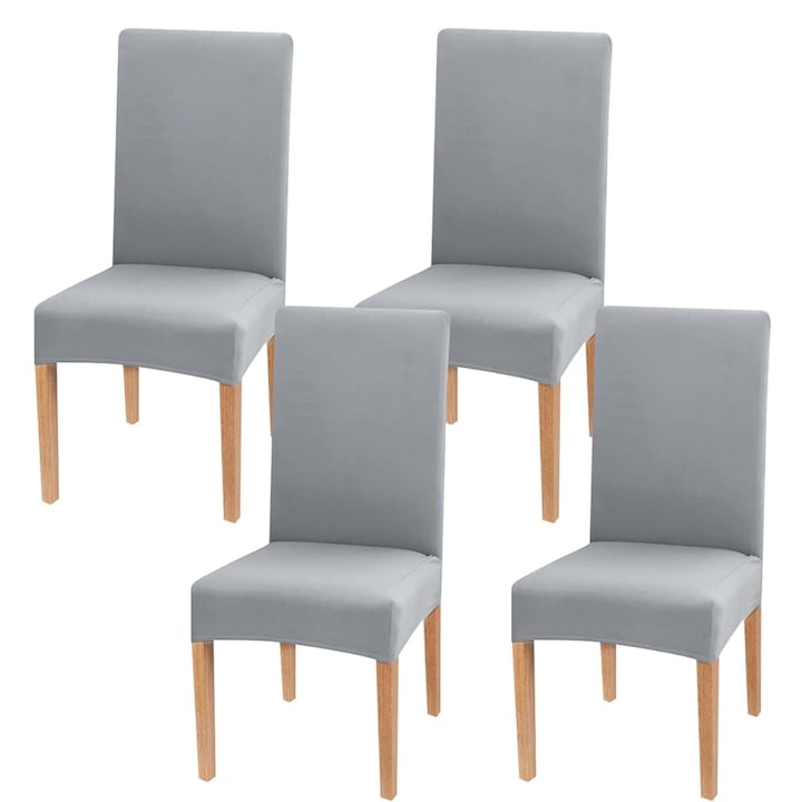 Set 4 Huse Scaun, SINBINTA, Huse pentru scaune elastice, Fara decolorare, Fara minge, Moale si confortabil, Usor de curatat, Masina de spalat, Pentru bucatarie, sufragerie, hoteluri, restaurant, Poliester, Universala, Gri