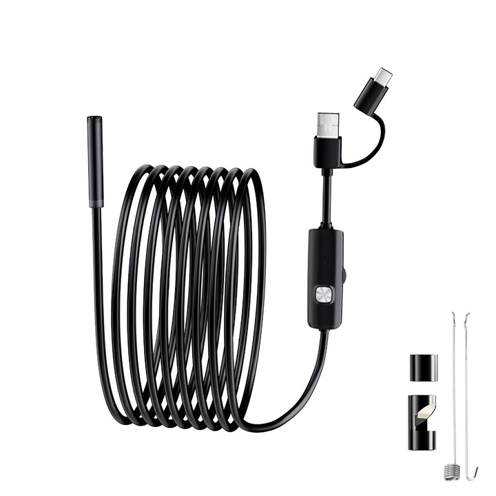 Ендоскоп за мобилен телефон, SINBINTA, Ендоскопска камера, 6 LED, HD, IP67 водоустойчив, Съвместим с IOS/Android, 7 мм, 2-метров кабел, резолюция 1280x720P, За ремонт на вътрешни тръби, ремонт на канализация, Черен