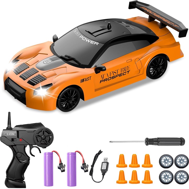 RC кола с дистанционно управление, SINBINTA, дрифт количка, 15 км/ч, LED светлини, 2 x акумулаторни батерии, сменяеми гуми, 1: 24, 2.4 Ghz, 4x4, за деца/възрастни, пластмаса, 18 x 8 x 5 см, оранжева