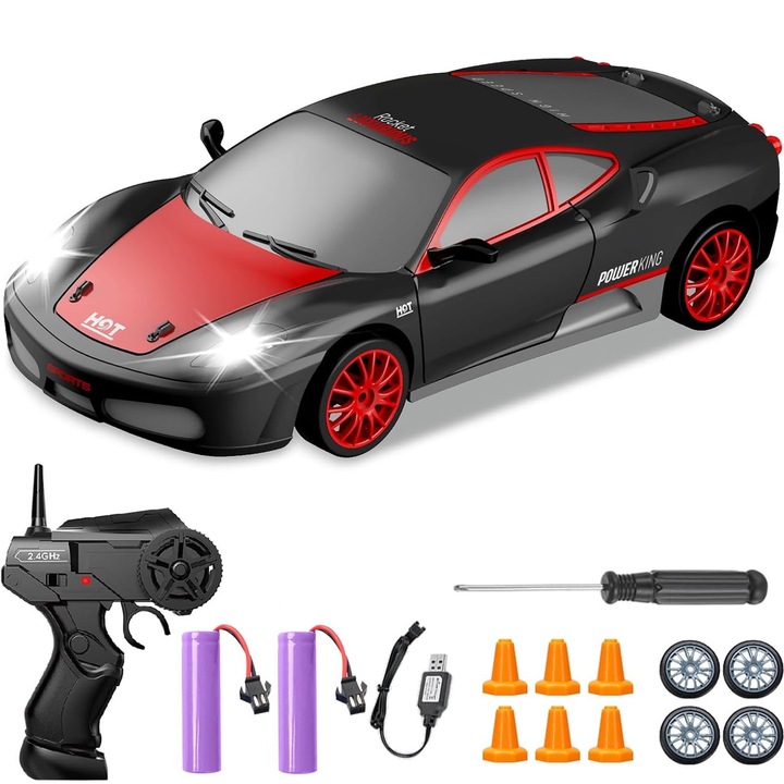 RC кола с дистанционно управление, SINBINTA, дрифт количка, 15 км/ч, LED светлини, 2 x акумулаторни батерии, сменяеми гуми, 1: 24, 2.4 Ghz, 4x4, за деца/възрастни, пластмаса, 18 x 8 x 5 см, червена