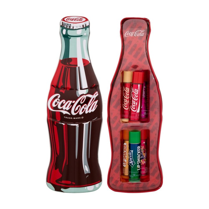Set lip smacker (balsam pt buze); Coca Cola, 6 bucati: Coca Cola Classic 4 g; Coca Cola Cherry 4 g; Coca Cola Vanilla 4 g; Sprite 4 g; Fanta 4 g; Fanta Strawberry 4 g; destinat ingrijirii buzelor, multicolor, destinat oricarei varste incepand cu 3+ani