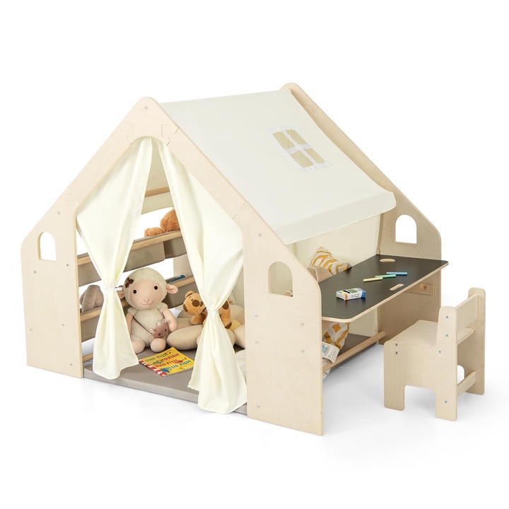 Детска Дървена Къща за Игра 6 в 1 GINGER HOME, Стол, Маса, Черна Дъска, Органайзер, Тента, Мека Подложка