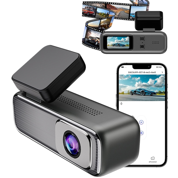 DVR камера за кола, Kesment, High PRO Full HD 2K, LCD екран, DashCam Full HD, Дискретна, Компактна, Монитор за паркиране, 140°, Wi-Fi, Нощно виждане, G-сензор, Детекция на движение, Сив/Черен