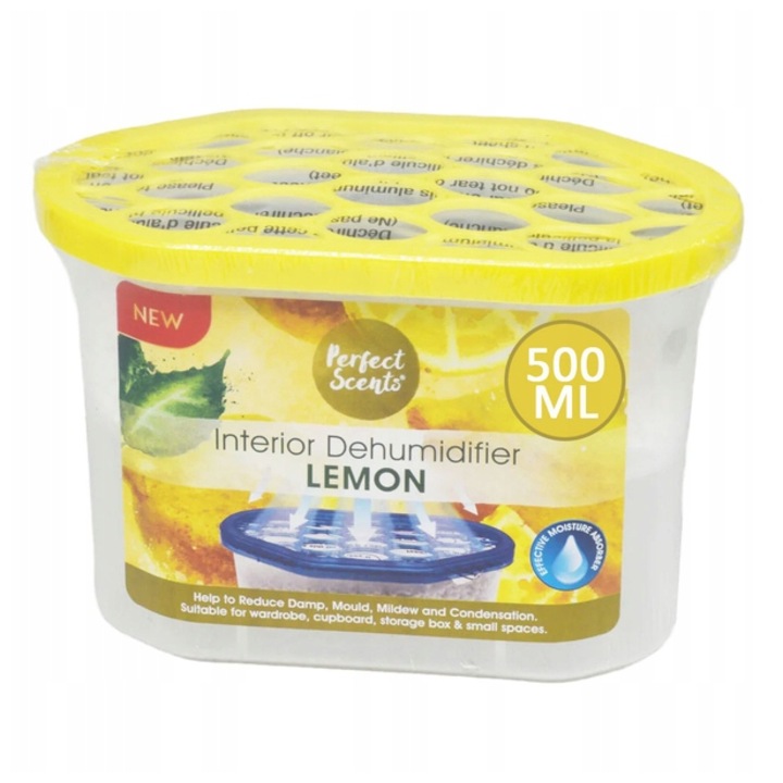 Absorbant de umiditate, Perfect Scents, eficient pana la 2 Luni, clorura de calciu, aroma de lamaie, 500 ml, Galben
