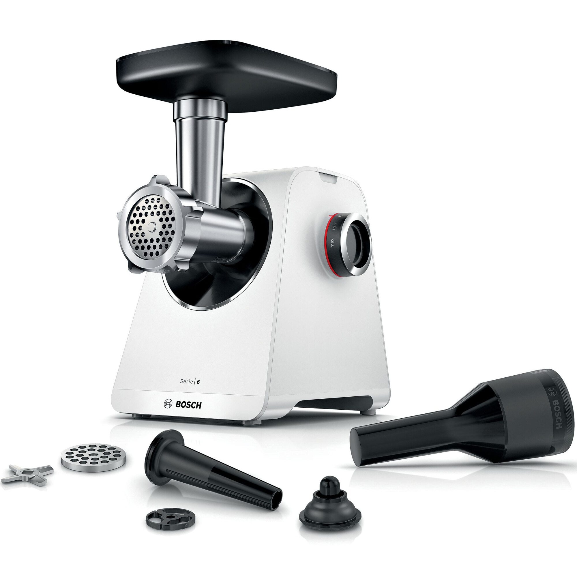 Masina de tocat Bosch MFWS607W, 2100W, 3.5kg/ min, 2 site, palnie carnati, accesoriu pt kebbe, cutit cu 2 taisuri, Alb