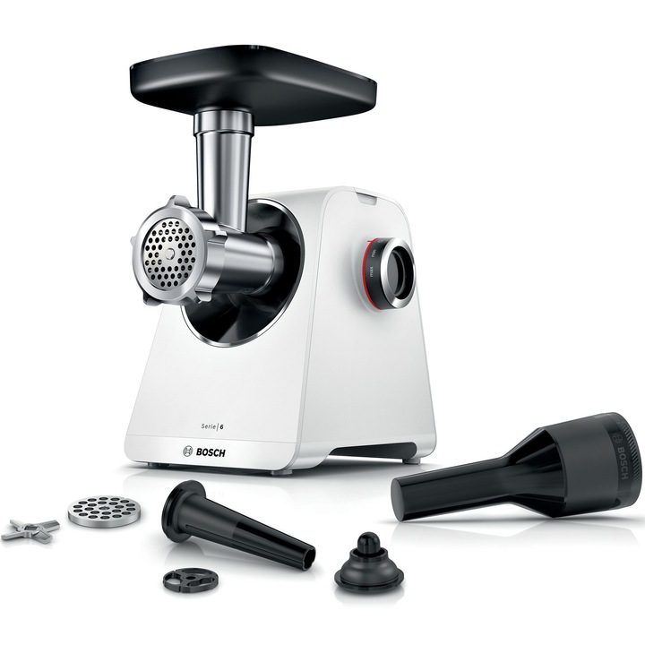Кухненски робот Bosch MFWS607W, 2100W, 3,5 кг/мин, 2 сита, Фуния за колбаси, Аксесоар за кебе, Нож с 2 остриета, Бял