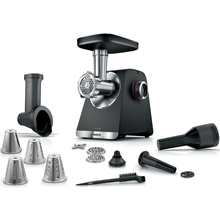 Месомелачка Bosch MFWS640B, 2100W, 3,5 кг/мин, 3 сита, Фуния за колбаси, Аксесоар за кебап, 4 аксесоара за кълцане, Нож с 2 остриета, Черен