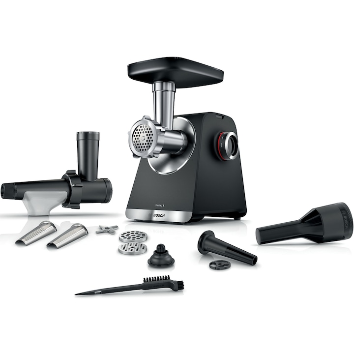 Кухненски робот Bosch MFWS650B, 2100W, 3,5 кг/мин, 3 сита, Аксесоар за доматен сок, Фуния за колбаси, Аксесоар за кебап, Нож с 2 остриета, Сребрист