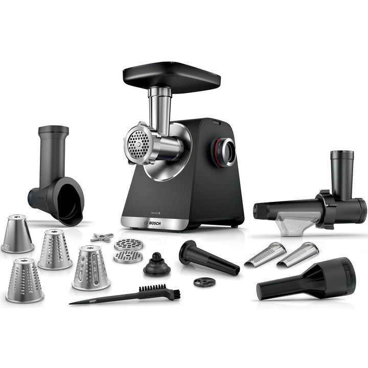 Кухненски робот Bosch MFWS660B, 2100W, 3,5 кг/мин, 3 сита, Аксесоар за доматен сок, Фуния за колбаси, Аксесоар за кебап, Нож с 2 остриета, 4 аксесоара за кълцане, Черен/Сребрист