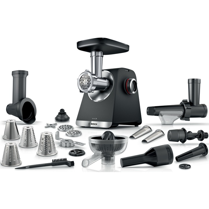 Кухненски робот Bosch MFWS682B, 2100W, 3,5 кг/мин, 3 сита, Аксесоар за доматен сок, Фуния за колбаси, Аксесоар за кебе, Нож с 2 остриета, 4 аксесоара за нарязване, Сокоизстисквачка за цитрусови плодове, Аксесоар за бисквити, Черен/Сребрист