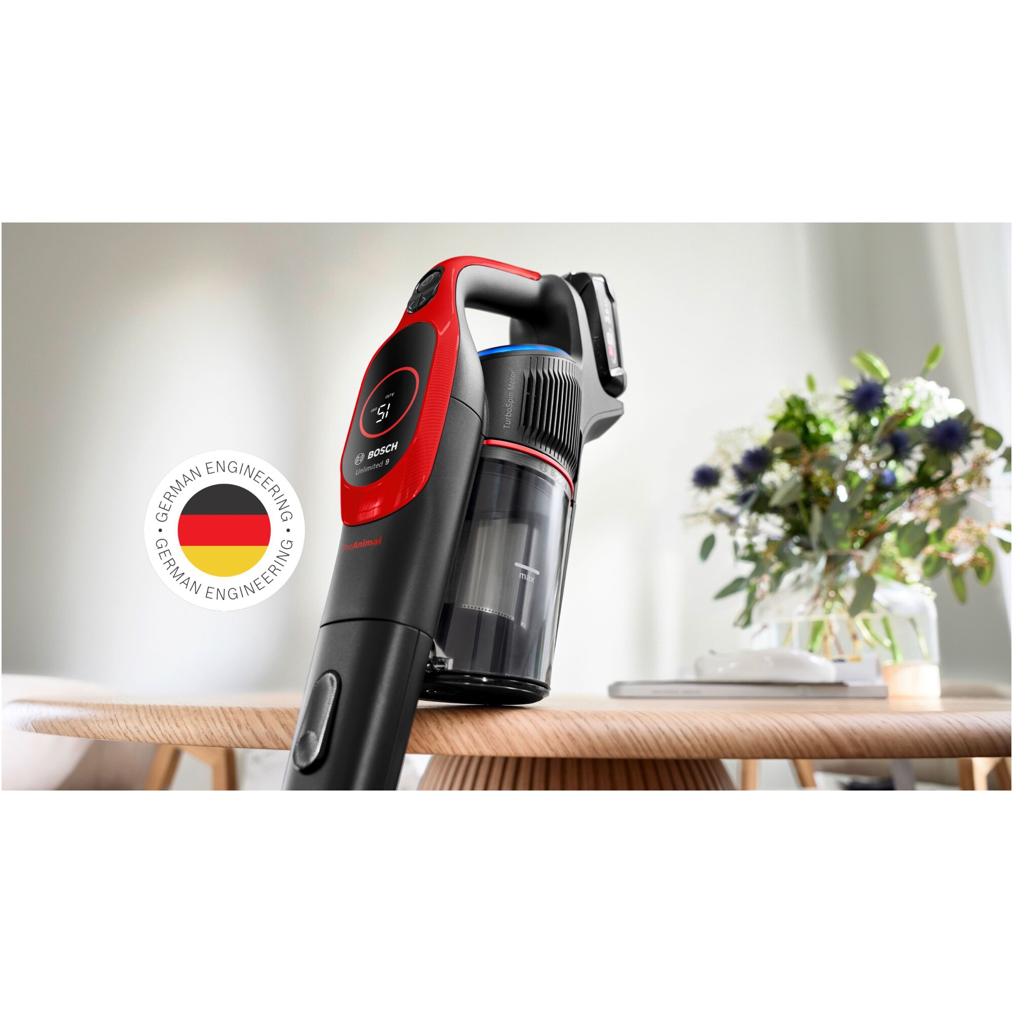 Aspirator cu acumulatori Bosch Unlimited 9 BBS931PET, baterie 3 Ah, 3 moduri de curatare, Perie MicroClean, Mini perie Turbo Zoo, duza spatii inguste, perie mobilier, perie xxl tapiterie, Senzor MicroClean, Autonomie pana la 60 min. Rosu