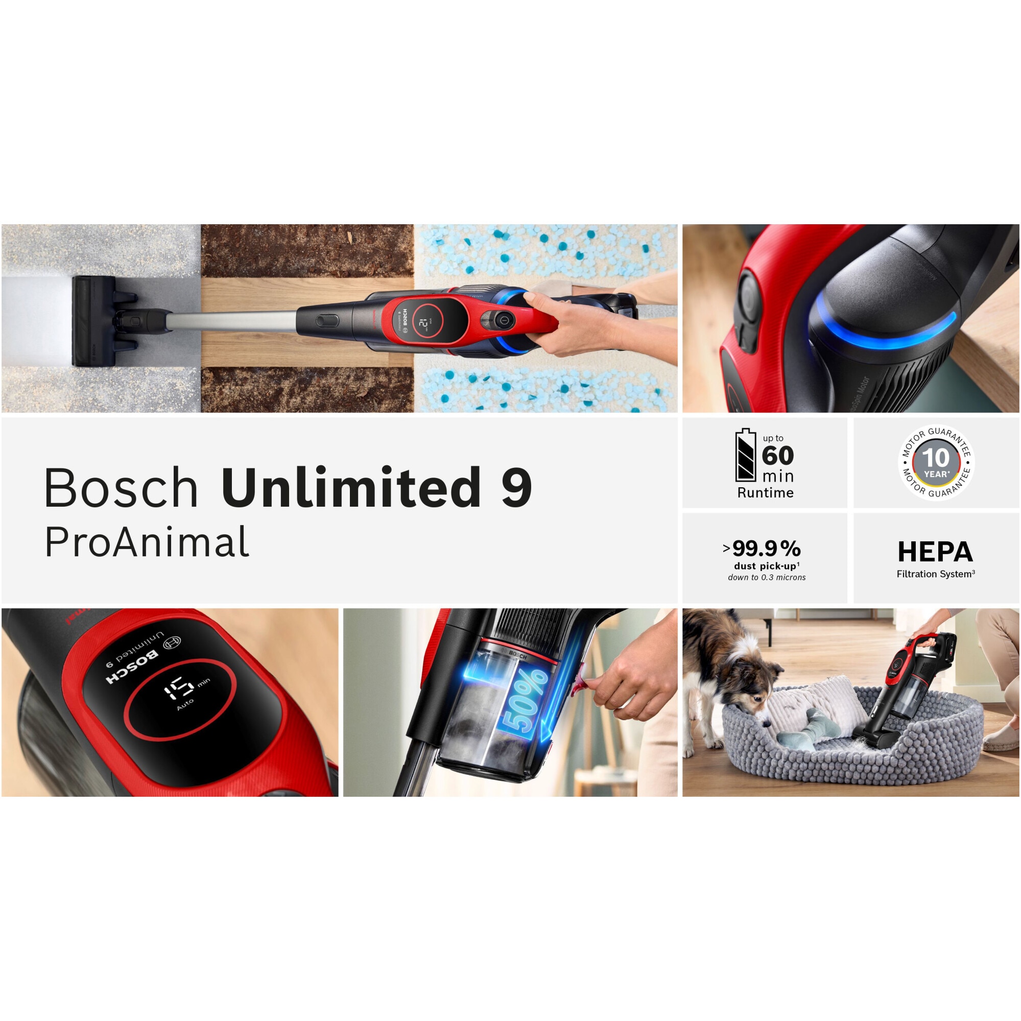 Aspirator cu acumulatori Bosch Unlimited 9 BBS931PET, baterie 3 Ah, 3 moduri de curatare, Perie MicroClean, Mini perie Turbo Zoo, duza spatii inguste, perie mobilier, perie xxl tapiterie, Senzor MicroClean, Autonomie pana la 60 min. Rosu