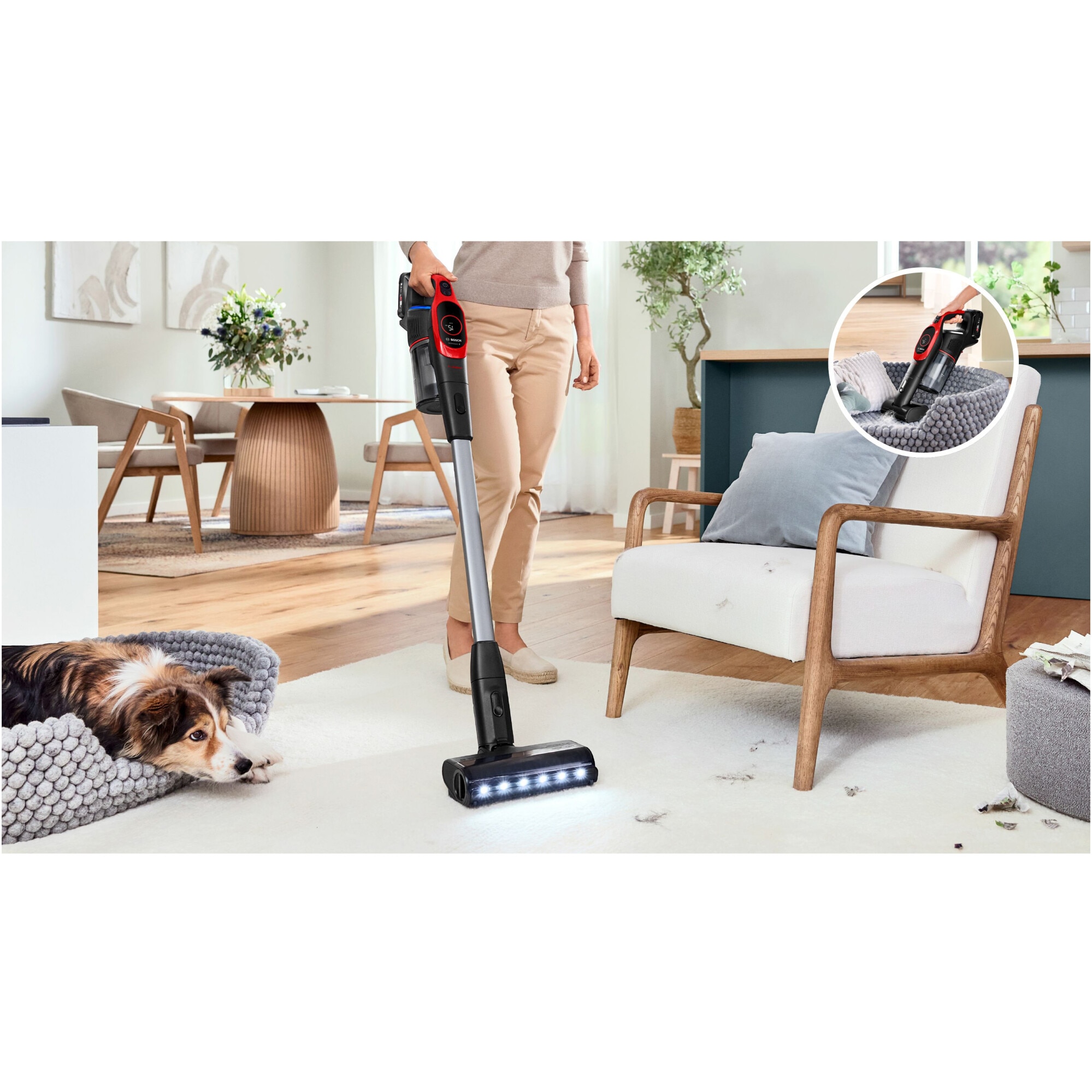 Aspirator cu acumulatori Bosch Unlimited 9 BBS931PET, baterie 3 Ah, 3 moduri de curatare, Perie MicroClean, Mini perie Turbo Zoo, duza spatii inguste, perie mobilier, perie xxl tapiterie, Senzor MicroClean, Autonomie pana la 60 min. Rosu