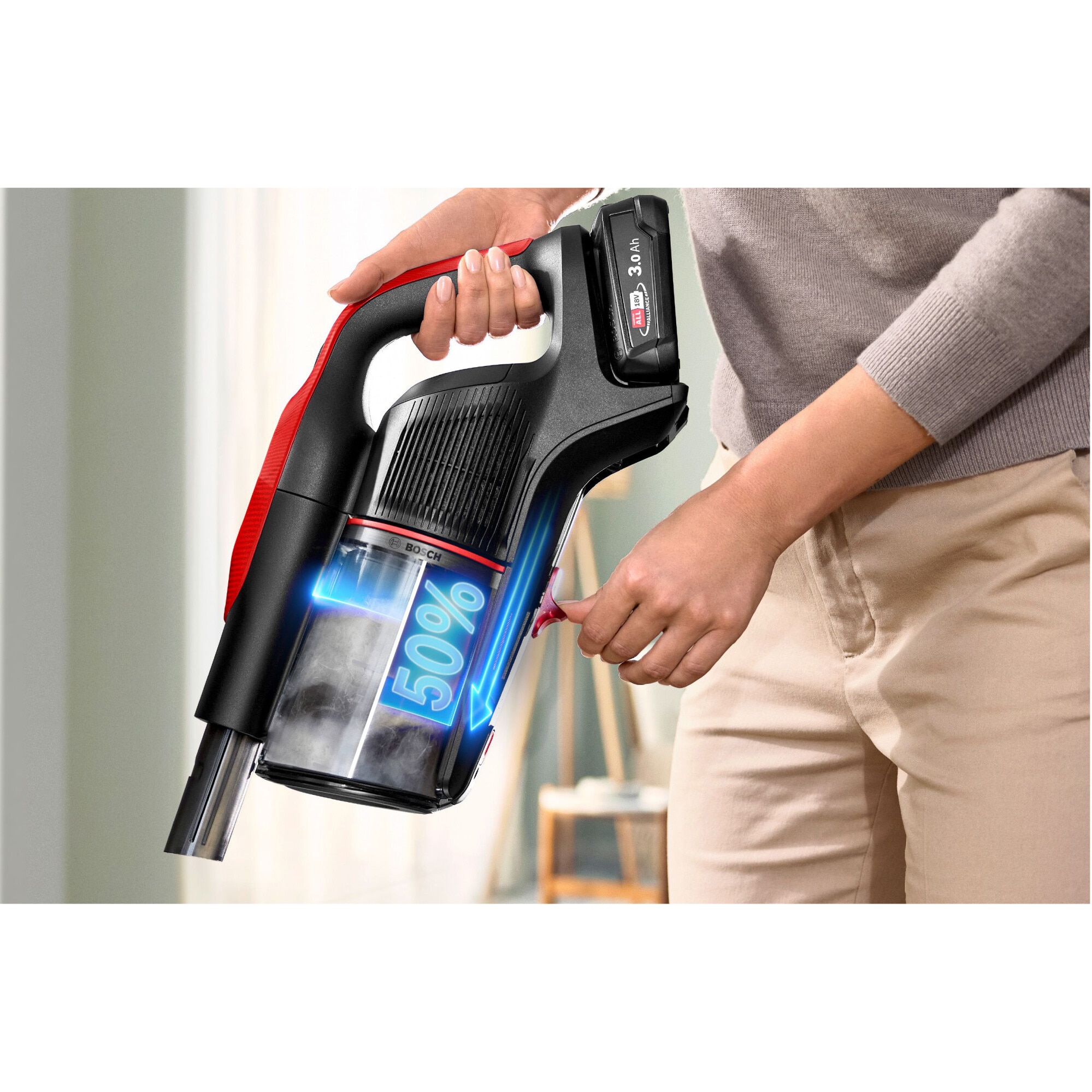 Aspirator cu acumulatori Bosch Unlimited 9 BBS931PET, baterie 3 Ah, 3 moduri de curatare, Perie MicroClean, Mini perie Turbo Zoo, duza spatii inguste, perie mobilier, perie xxl tapiterie, Senzor MicroClean, Autonomie pana la 60 min. Rosu