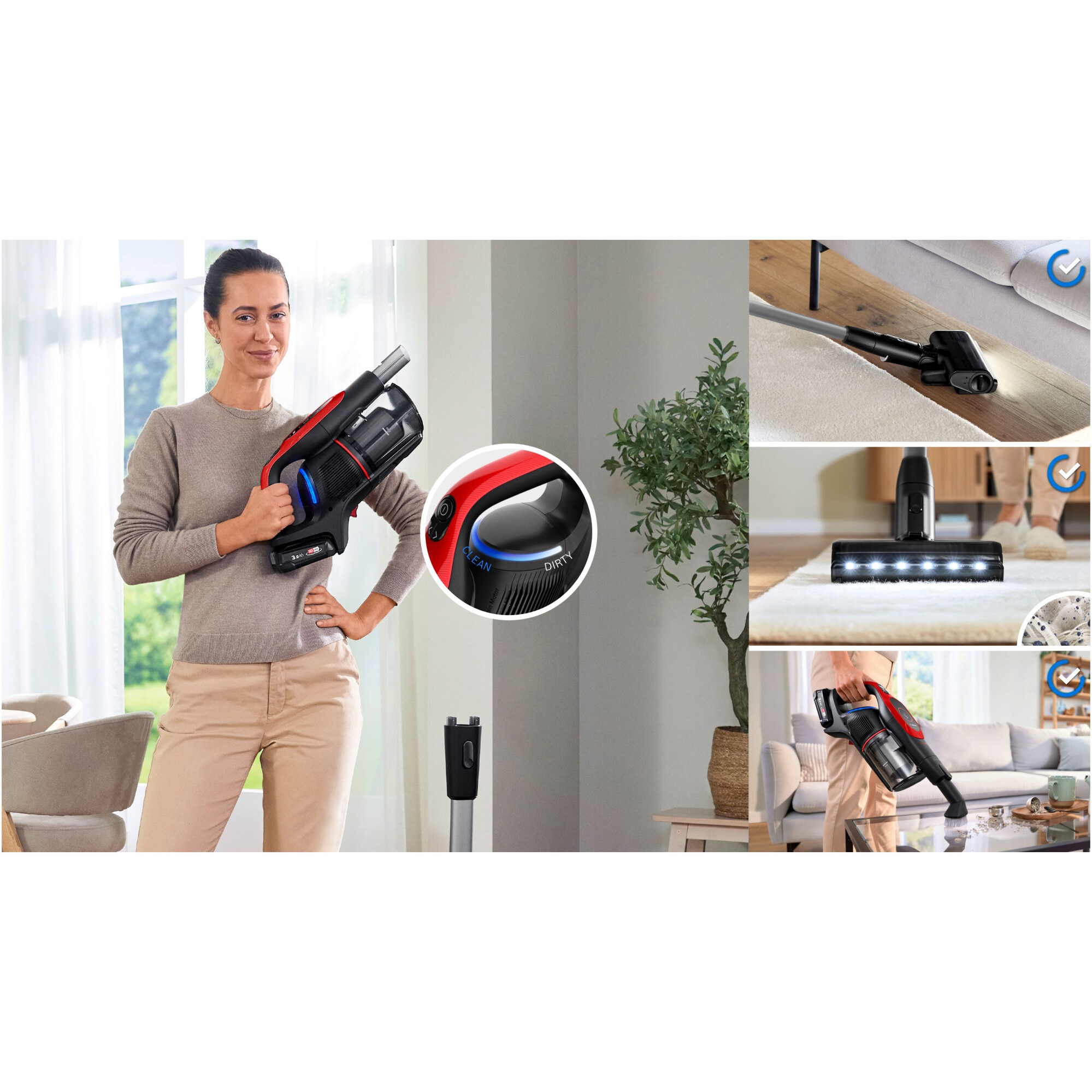 Aspirator cu acumulatori Bosch Unlimited 9 BBS931PET, baterie 3 Ah, 3 moduri de curatare, Perie MicroClean, Mini perie Turbo Zoo, duza spatii inguste, perie mobilier, perie xxl tapiterie, Senzor MicroClean, Autonomie pana la 60 min. Rosu