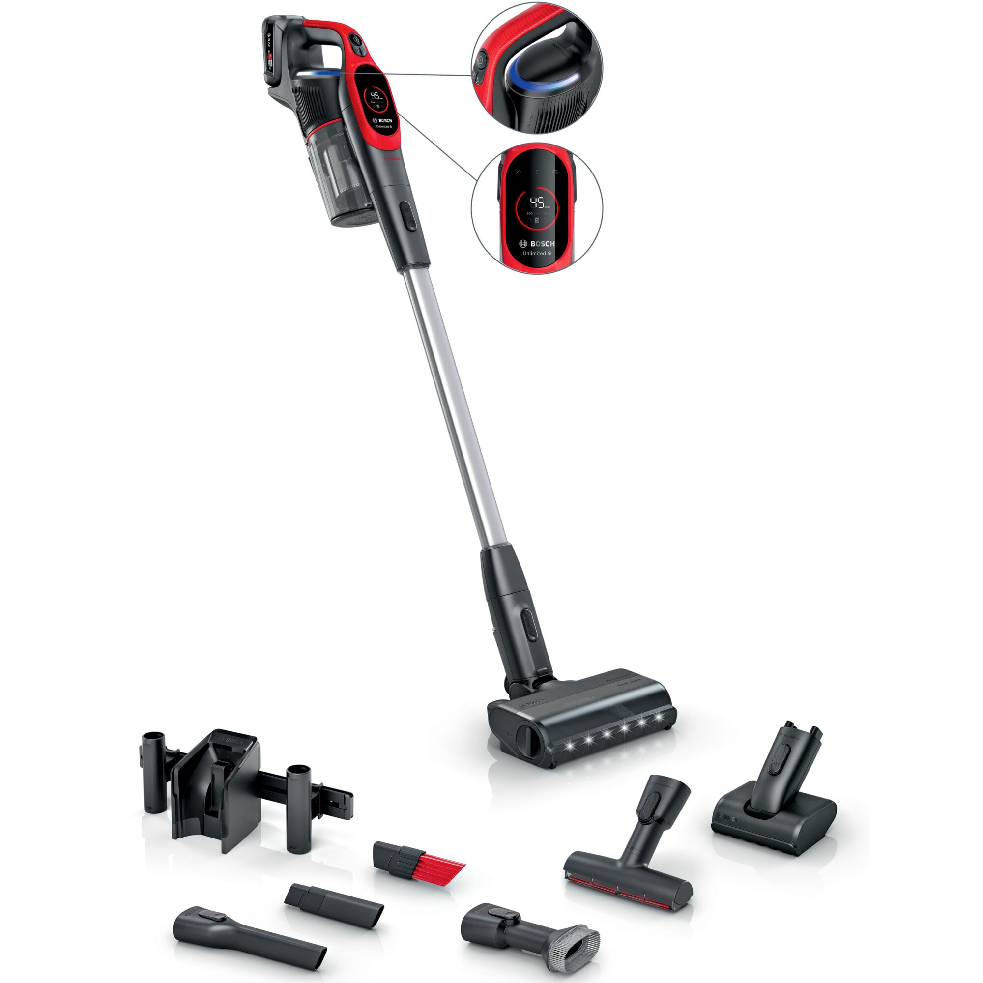 Aspirator cu acumulatori Bosch Unlimited 9 BBS931PET, baterie 3 Ah, 3 moduri de curatare, Perie MicroClean, Mini perie Turbo Zoo, duza spatii inguste, perie mobilier, perie xxl tap