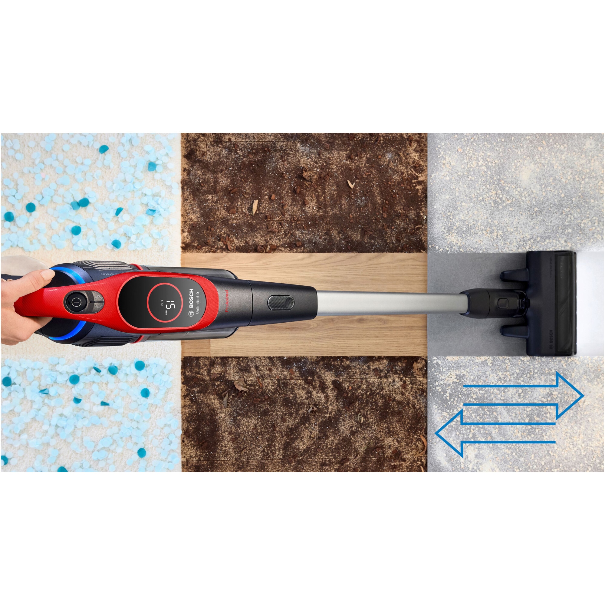 Aspirator cu acumulatori Bosch Unlimited 9 BBS931PET, baterie 3 Ah, 3 moduri de curatare, Perie MicroClean, Mini perie Turbo Zoo, duza spatii inguste, perie mobilier, perie xxl tapiterie, Senzor MicroClean, Autonomie pana la 60 min. Rosu