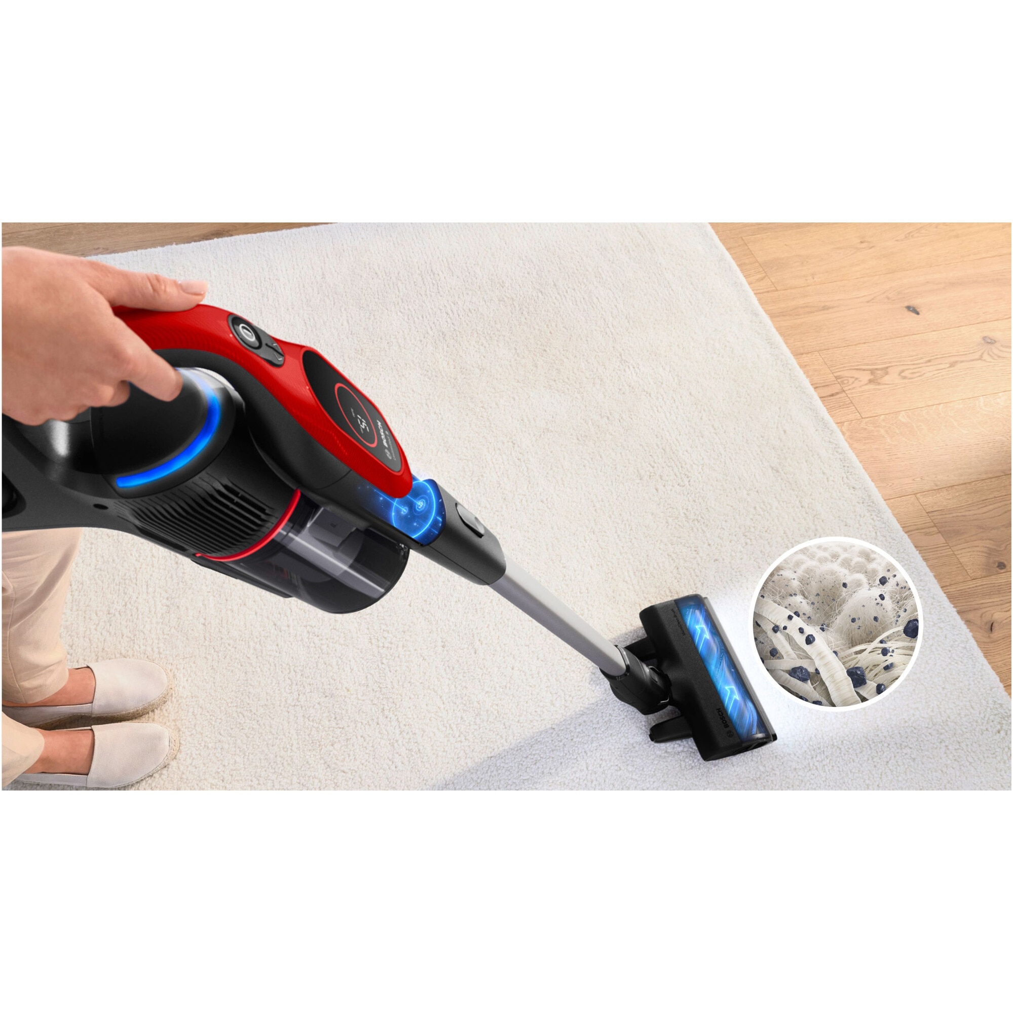 Aspirator cu acumulatori Bosch Unlimited 9 BBS931PET, baterie 3 Ah, 3 moduri de curatare, Perie MicroClean, Mini perie Turbo Zoo, duza spatii inguste, perie mobilier, perie xxl tapiterie, Senzor MicroClean, Autonomie pana la 60 min. Rosu