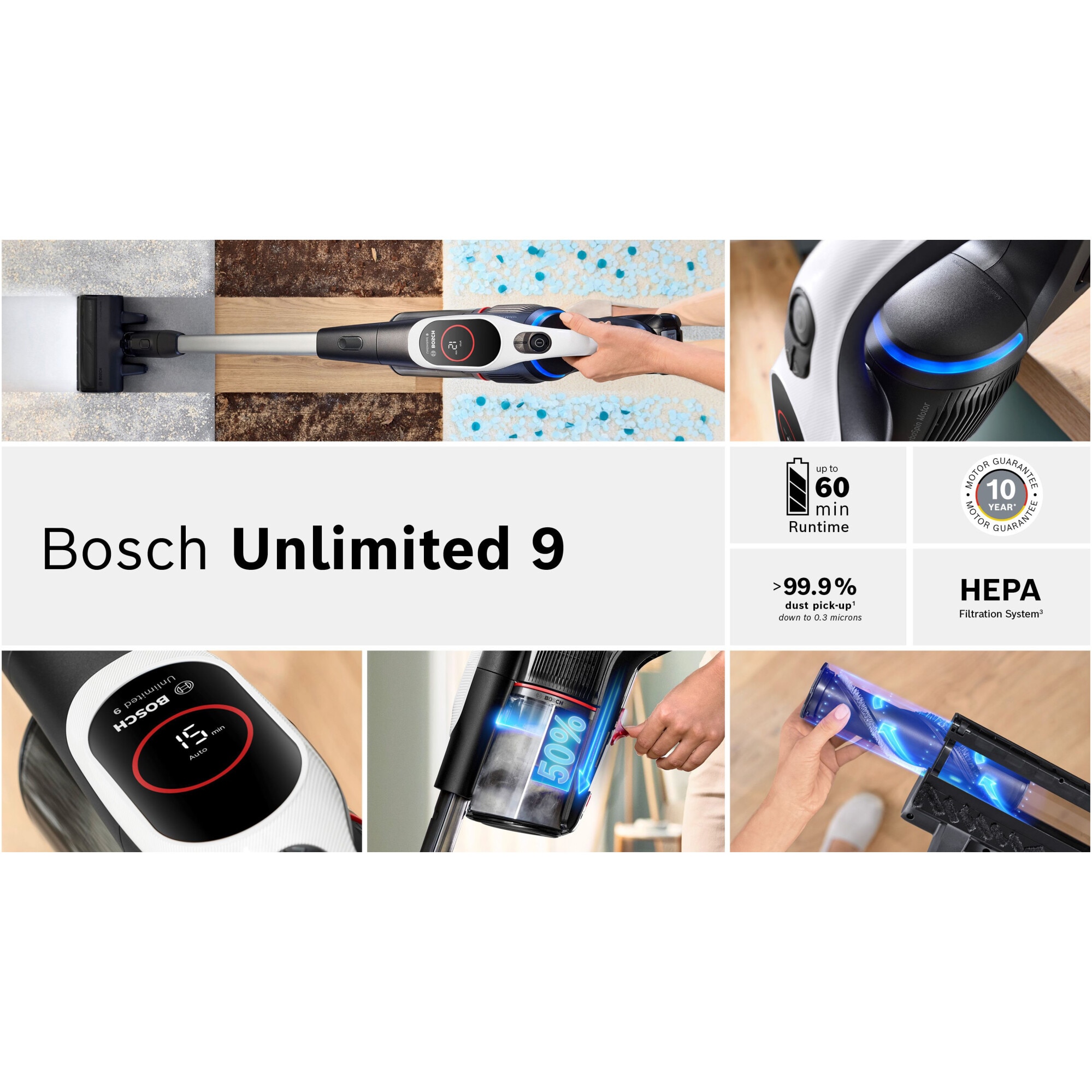 Aspirator cu acumulatori Bosch Unlimited 9 BBS931WBA, baterie 3 Ah, 3 moduri de curatare, Perie MicroClean, Perie xxl tapiterie, duza pt spatii inguste, Senzor MicroClean, Autonomie pana la 60 min. Alb