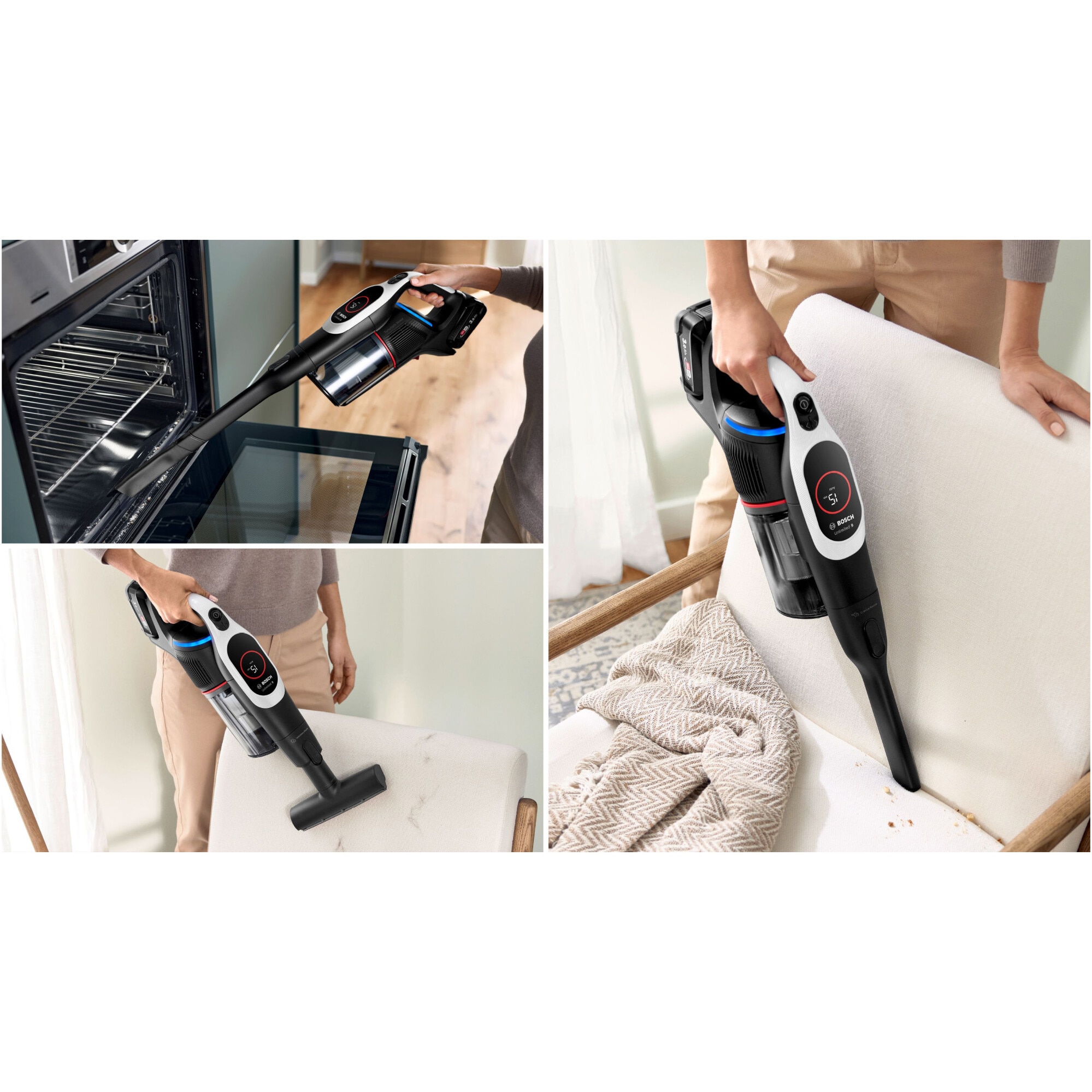Aspirator cu acumulatori Bosch Unlimited 9 BBS931WBA, baterie 3 Ah, 3 moduri de curatare, Perie MicroClean, Perie xxl tapiterie, duza pt spatii inguste, Senzor MicroClean, Autonomie pana la 60 min. Alb