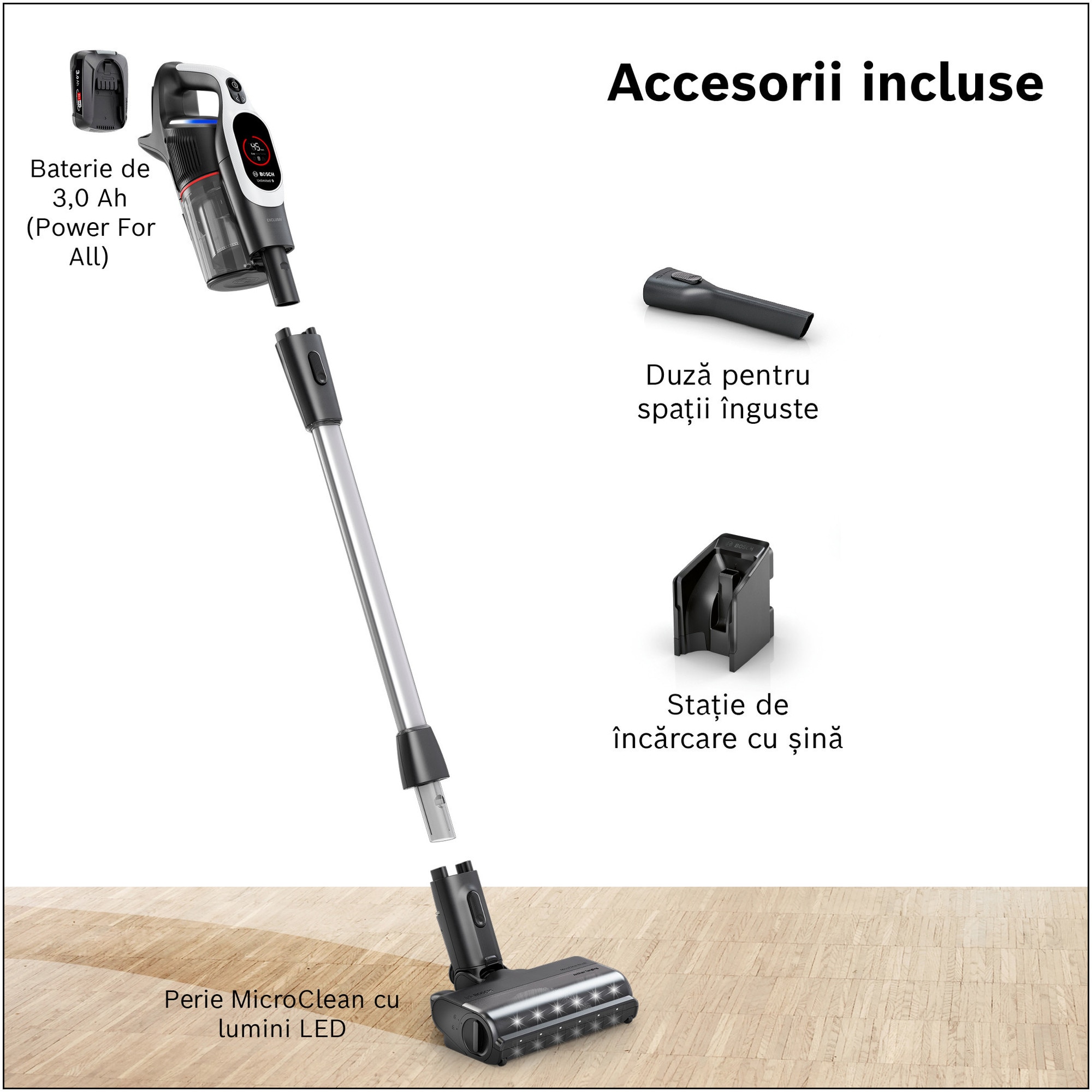 Aspirator cu acumulatori Bosch Unlimited 9 BBS931WBA, baterie 3 Ah, 3 moduri de curatare, Perie MicroClean, Perie xxl tapiterie, 99.9% aspirare praf, duza pt spatii inguste, Senzor MicroClean, Autonomie pana la 60 min. Alb