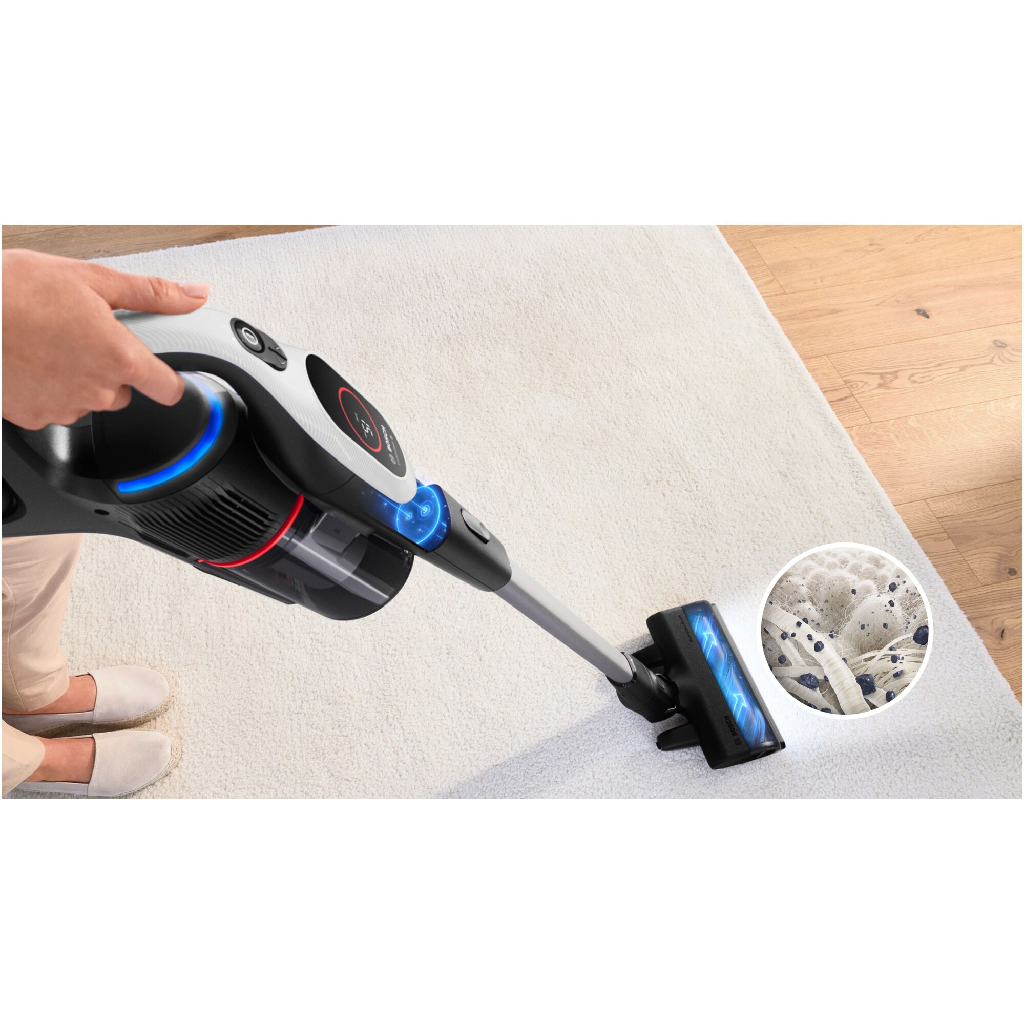 Aspirator cu acumulatori Bosch Unlimited 9 BBS931WBA, baterie 3 Ah, 3 moduri de curatare, Perie MicroClean, Perie xxl tapiterie, duza pt spatii inguste, Senzor MicroClean, Autonomie pana la 60 min. Alb