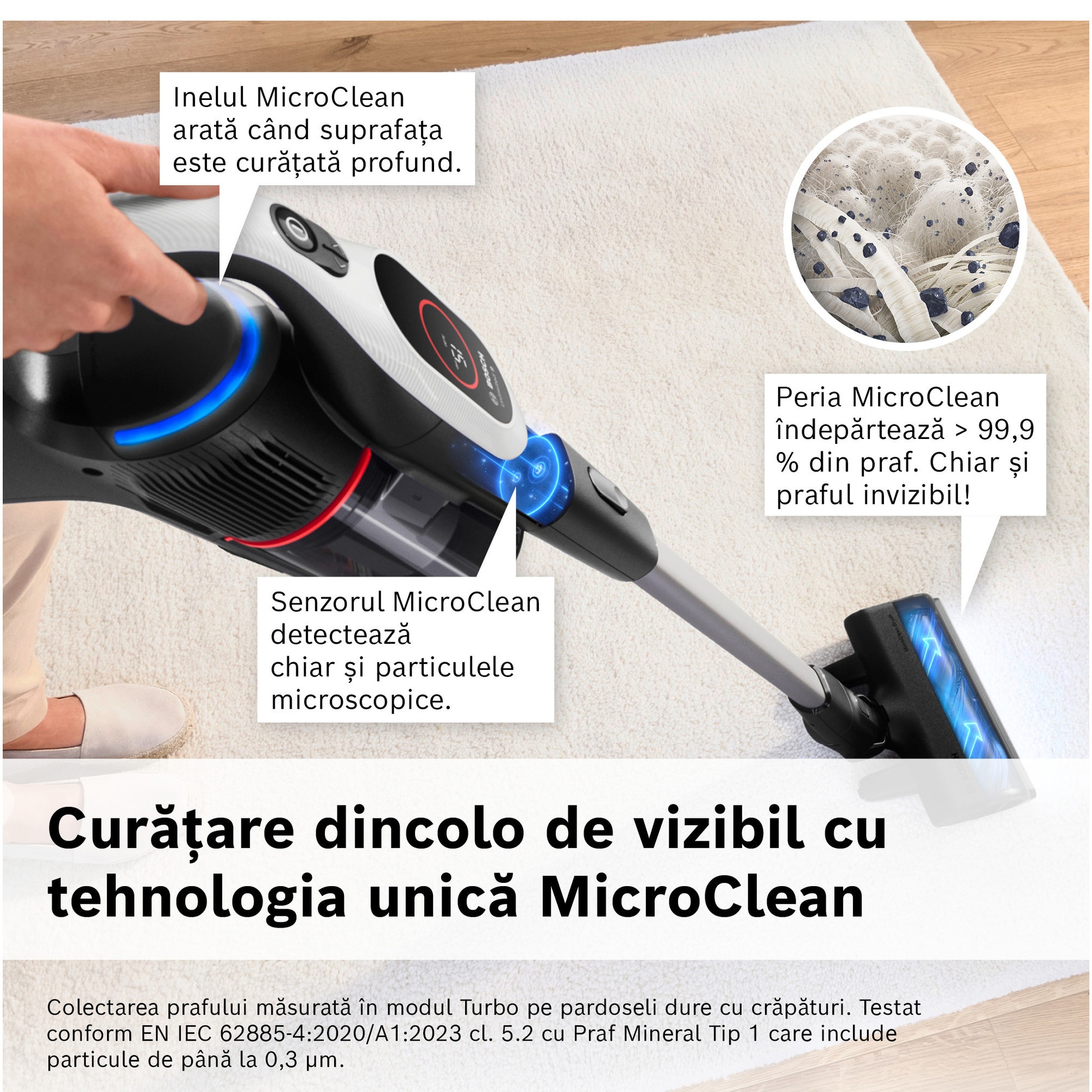 Aspirator cu acumulatori Bosch Unlimited 9 BBS931WBA, baterie 3 Ah, 3 moduri de curatare, Perie MicroClean, Perie xxl tapiterie, 99.9% aspirare praf, duza pt spatii inguste, Senzor MicroClean, Autonomie pana la 60 min. Alb