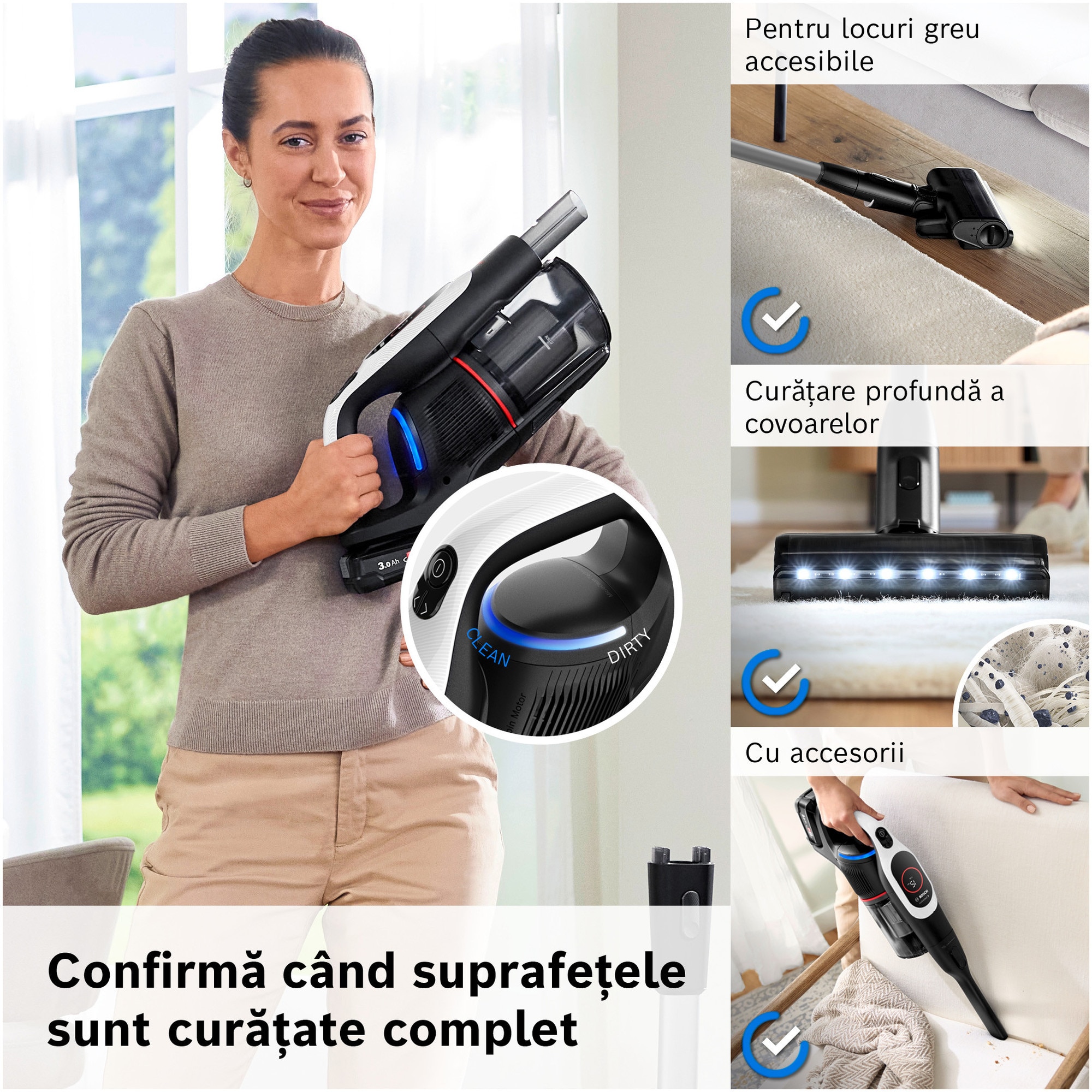 Aspirator cu acumulatori Bosch Unlimited 9 BBS931WBA, baterie 3 Ah, 3 moduri de curatare, Perie MicroClean, Perie xxl tapiterie, 99.9% aspirare praf, duza pt spatii inguste, Senzor MicroClean, Autonomie pana la 60 min. Alb