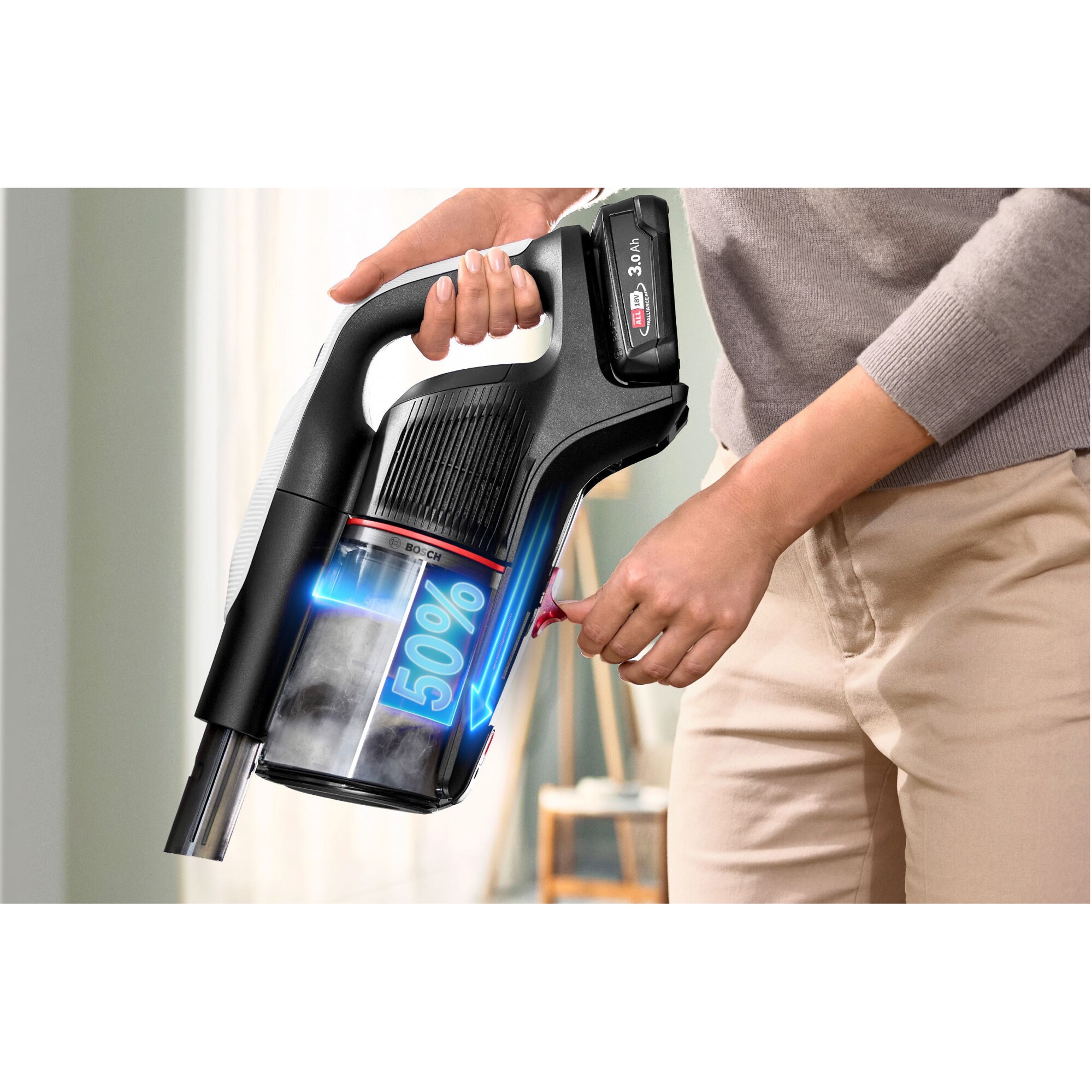 Aspirator cu acumulatori Bosch Unlimited 9 BBS931WBA, baterie 3 Ah, 3 moduri de curatare, Perie MicroClean, Perie xxl tapiterie, duza pt spatii inguste, Senzor MicroClean, Autonomie pana la 60 min. Alb
