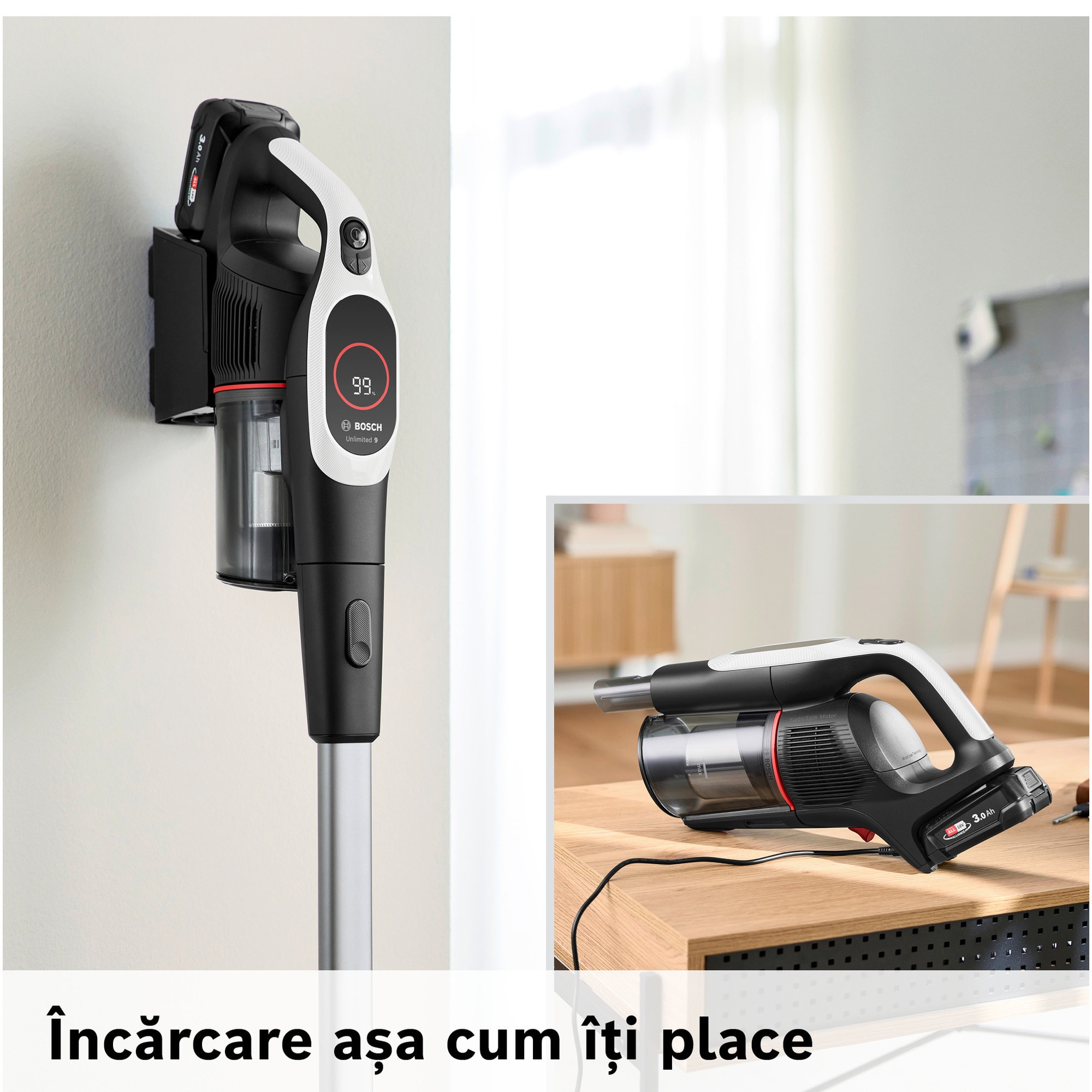 Aspirator cu acumulatori Bosch Unlimited 9 BBS931WBA, baterie 3 Ah, 3 moduri de curatare, Perie MicroClean, Perie xxl tapiterie, 99.9% aspirare praf, duza pt spatii inguste, Senzor MicroClean, Autonomie pana la 60 min. Alb