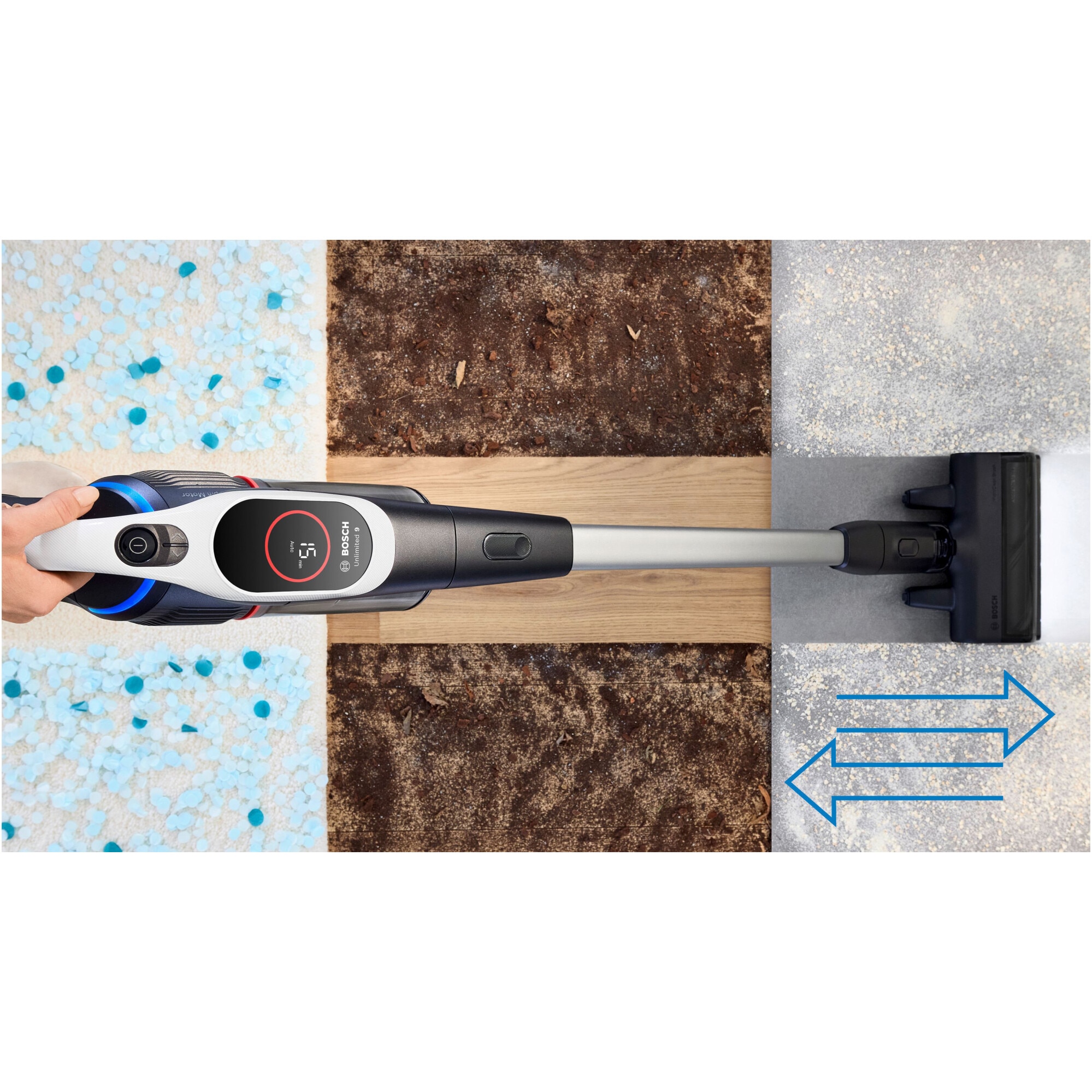 Aspirator cu acumulatori Bosch Unlimited 9 BBS931WBA, baterie 3 Ah, 3 moduri de curatare, Perie MicroClean, Perie xxl tapiterie, duza pt spatii inguste, Senzor MicroClean, Autonomie pana la 60 min. Alb