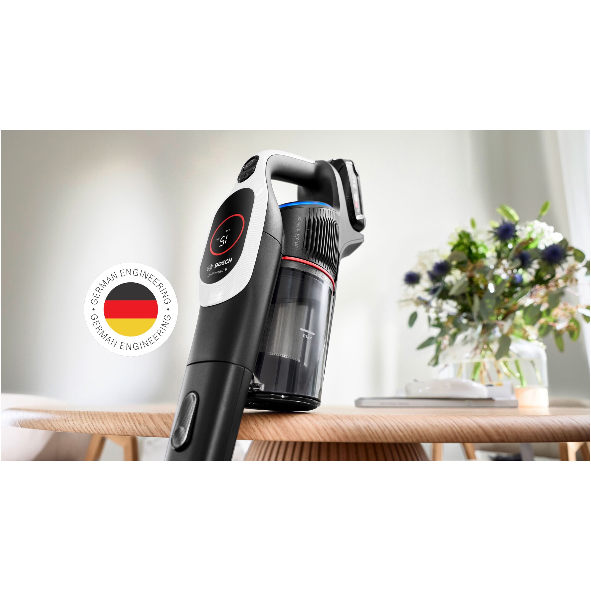 Aspirator cu acumulatori Bosch Unlimited 9 BBS931WBA, baterie 3 Ah, 3 moduri de curatare, Perie MicroClean, Perie xxl tapiterie, duza pt spatii inguste, Senzor MicroClean, Autonomie pana la 60 min. Alb
