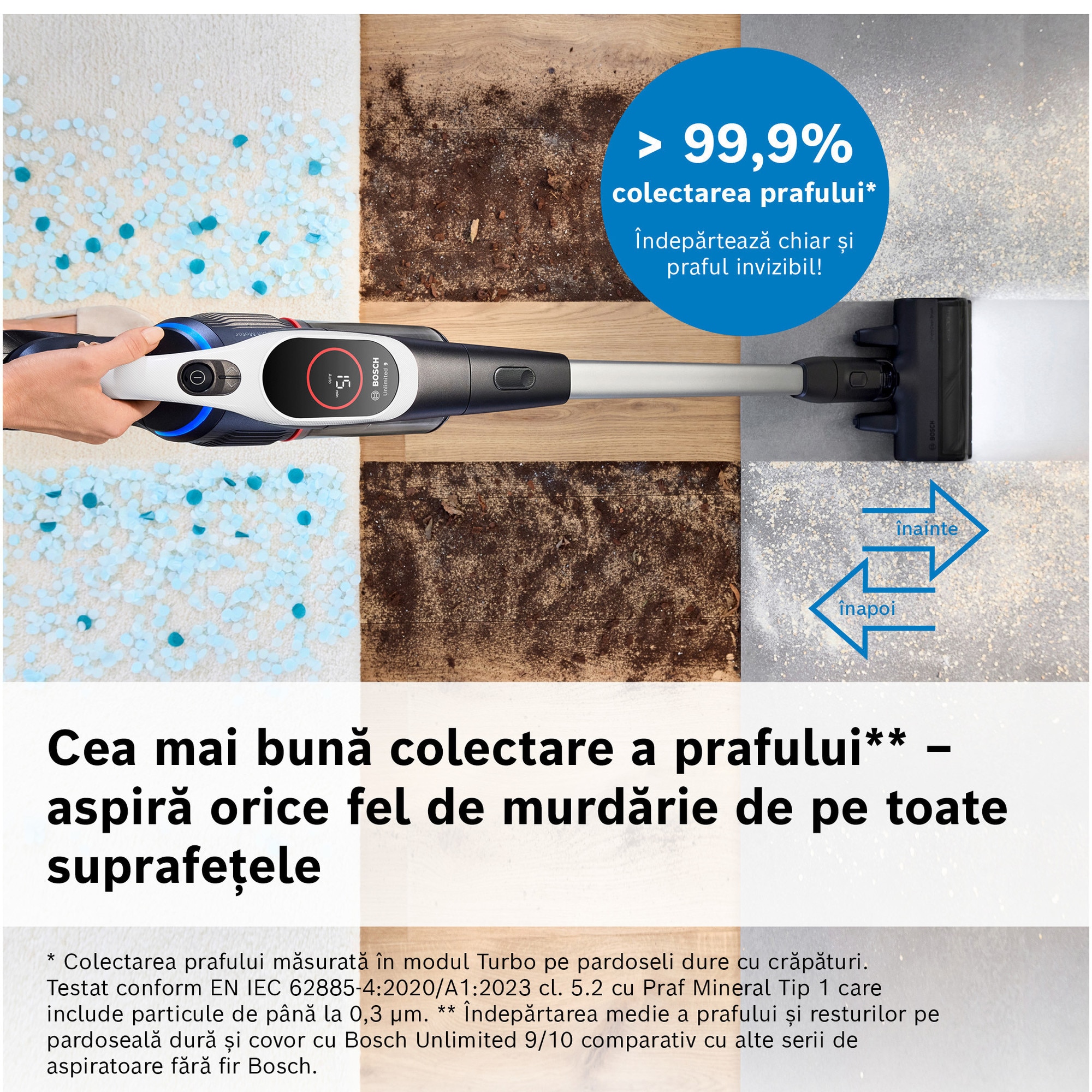 Aspirator cu acumulatori Bosch Unlimited 9 BBS931WBA, baterie 3 Ah, 3 moduri de curatare, Perie MicroClean, Perie xxl tapiterie, 99.9% aspirare praf, duza pt spatii inguste, Senzor MicroClean, Autonomie pana la 60 min. Alb