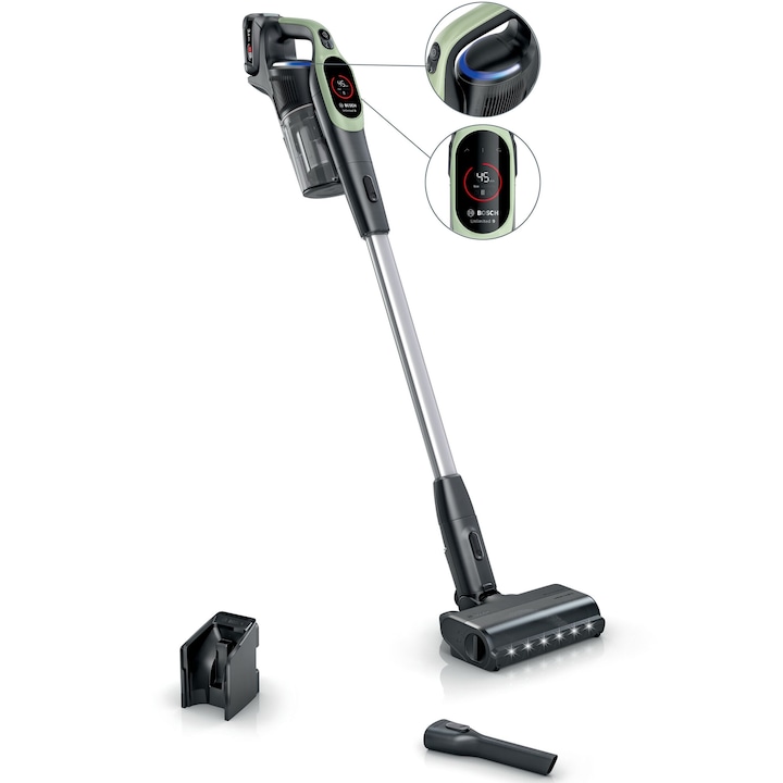 Акумулаторна прахосмукачка Bosch Unlimited 9 BBS921TBA, Батерия 3 Ah, 3 режима на почистване, Четка MicroClean със система против заплитане, Накрайник за тясно пространство, Сензор MicroClean, Автономност до 60 мин. Зелен